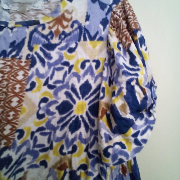 Cupio Blouse Women 2X Short Sleeve Soft Pattern Blue Brown Yellow - Picture 6 of 15